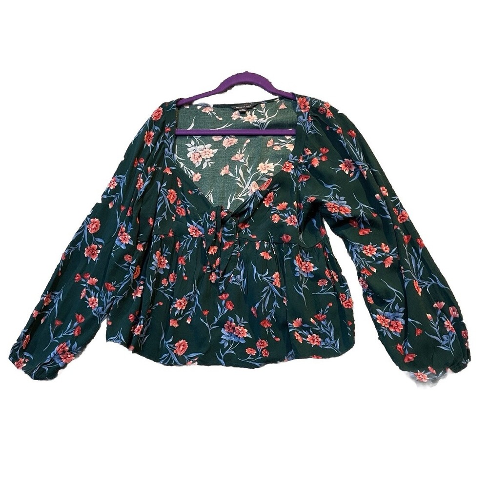 American Eagle Womens Large Peplum Top Blue Floral Tie Front Balloon Sleeve Boho